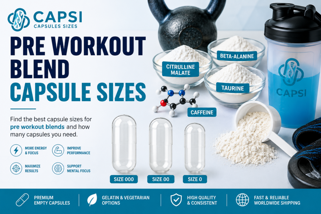 Pre workout blend capsule sizes guide showing size 000 and size 00 capsules