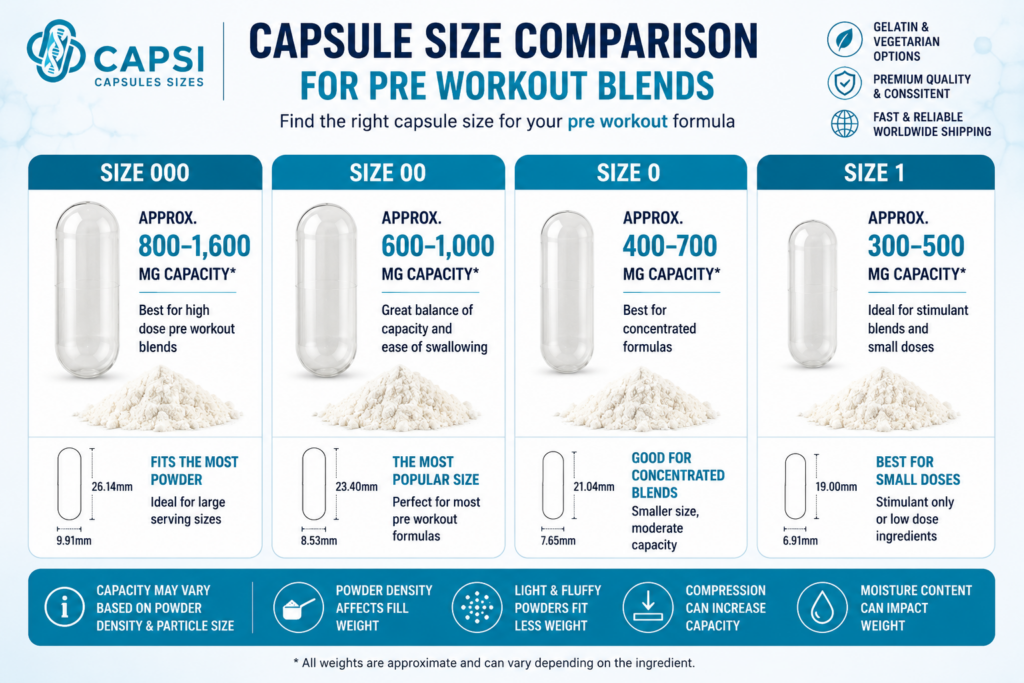 Capsule size comparison chart for pre workout blends showing sizes 000 00 0 and 1