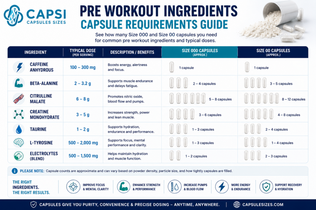 Capsule requirements for common pre workout ingredients including citrulline and beta alanine