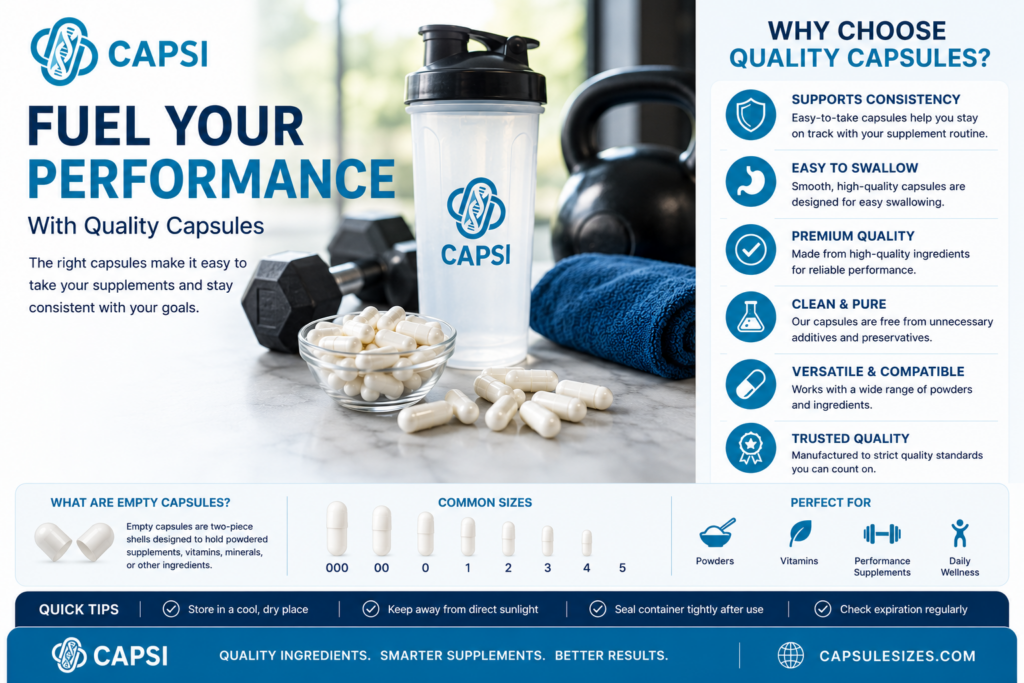 Empty capsules for fitness supplements and powdered ingredients with CAPSI branding