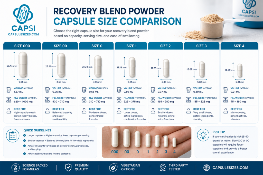 Recovery blend powder capsule size comparison showing capsule dimensions, volumes and fill weights