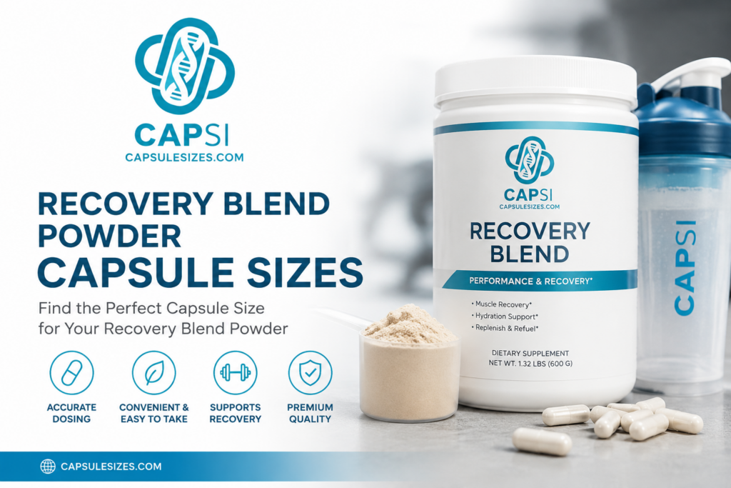 Recovery blend powder capsule sizes guide with CAPSI branding, capsules, scoop and shaker bottle