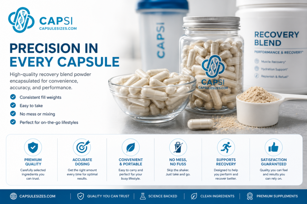 Recovery blend powder capsules in a jar showing benefits such as accurate dosing, convenience and no mixing