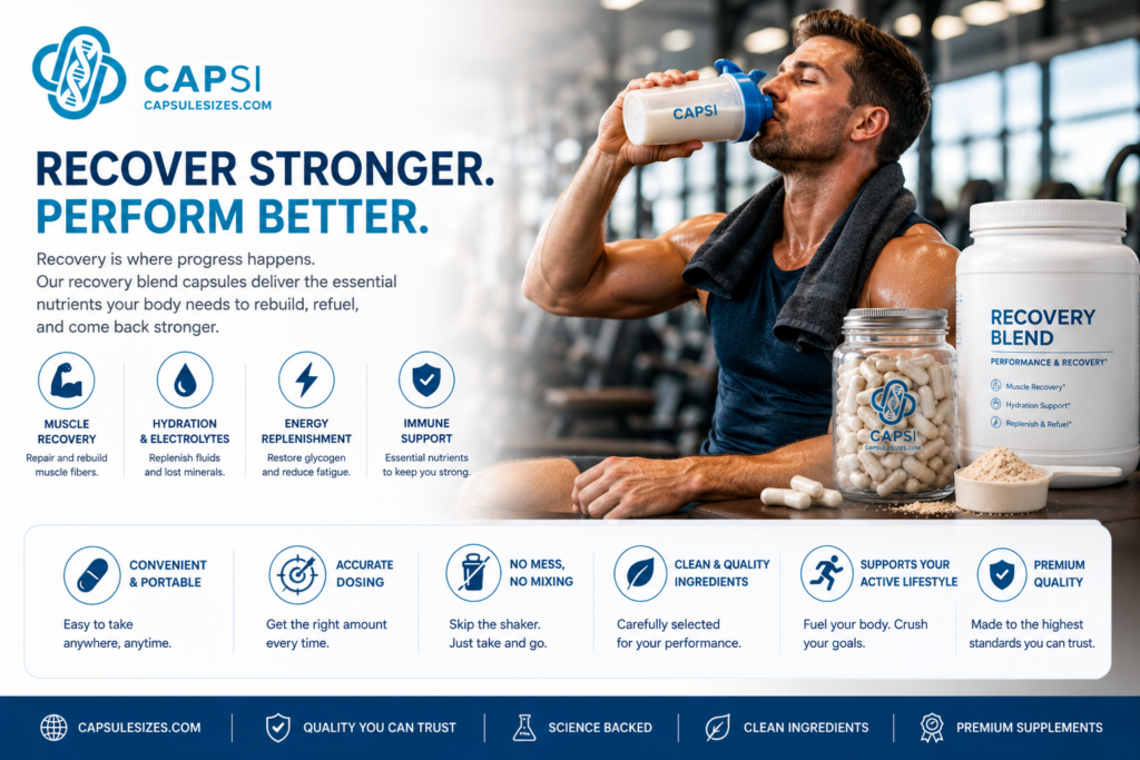 Fitness lifestyle image showing recovery blend capsules, powder and shaker bottle for post workout recovery