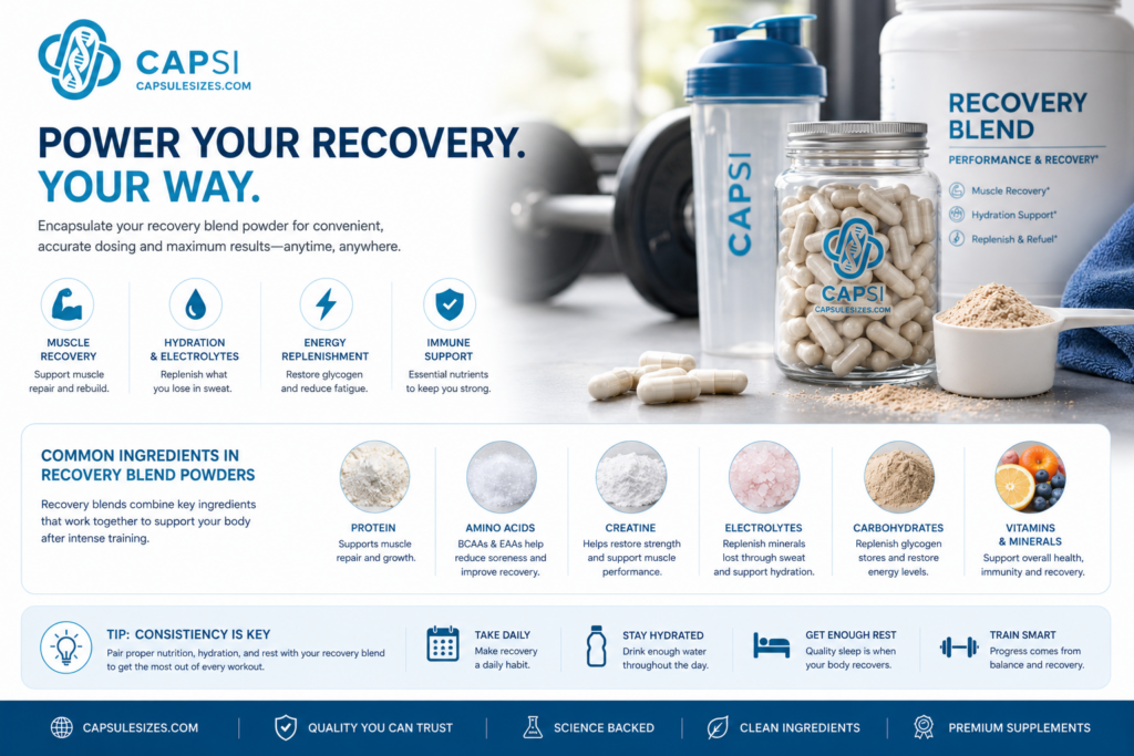 Recovery blend powder ingredient guide showing protein, amino acids, creatine, electrolytes, carbohydrates and vitamins