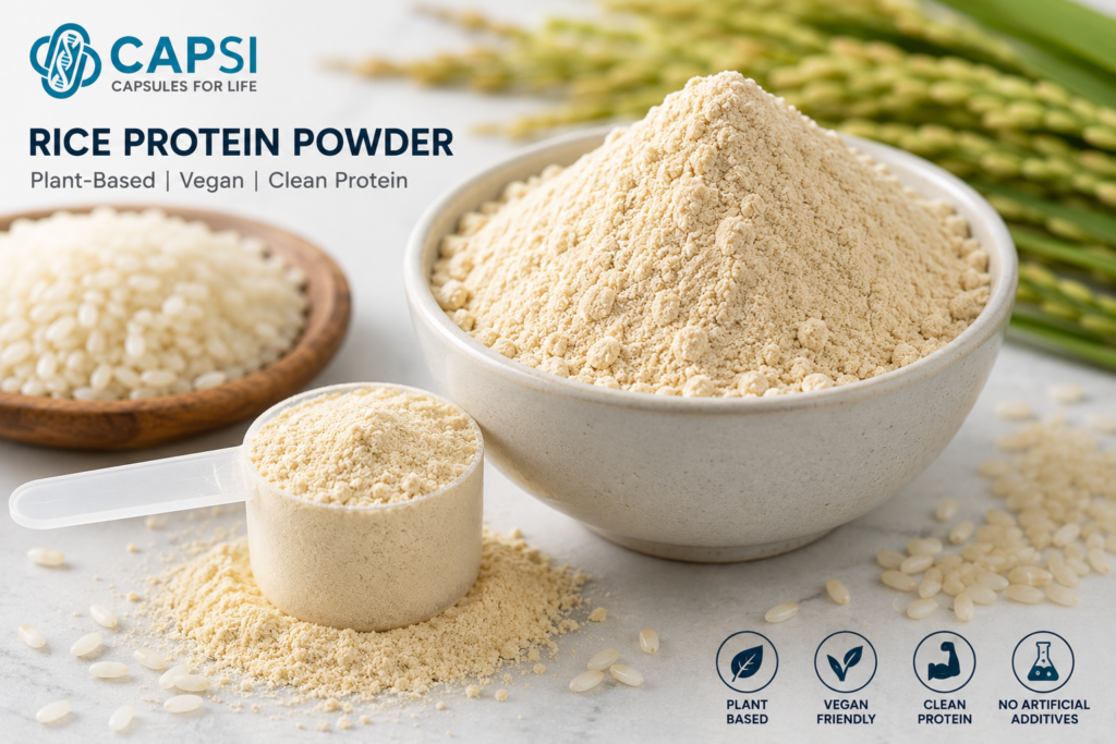Rice protein powder close-up for capsule filling applications