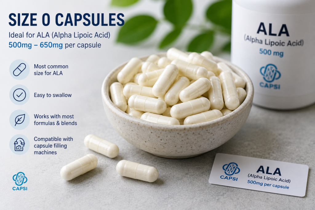 Size 0 capsules commonly used for Alpha Lipoic Acid supplements