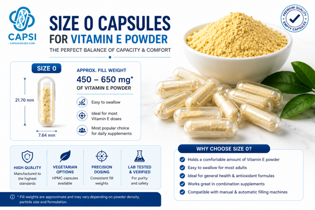 Size 0 empty capsules suitable for Vitamin E powder supplements
