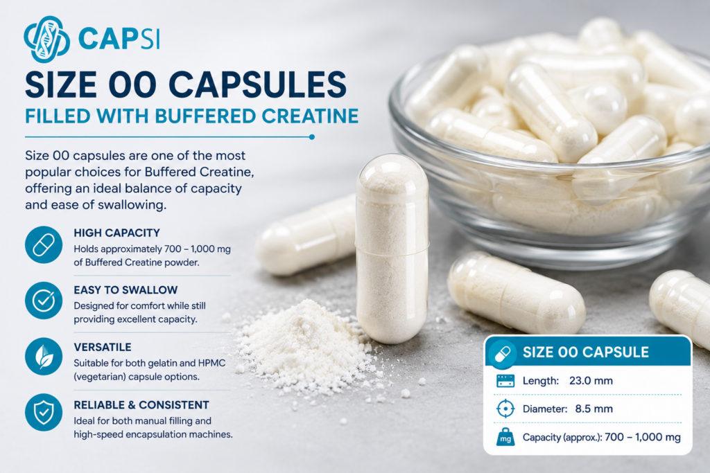 Size 00 capsules filled with Buffered Creatine 