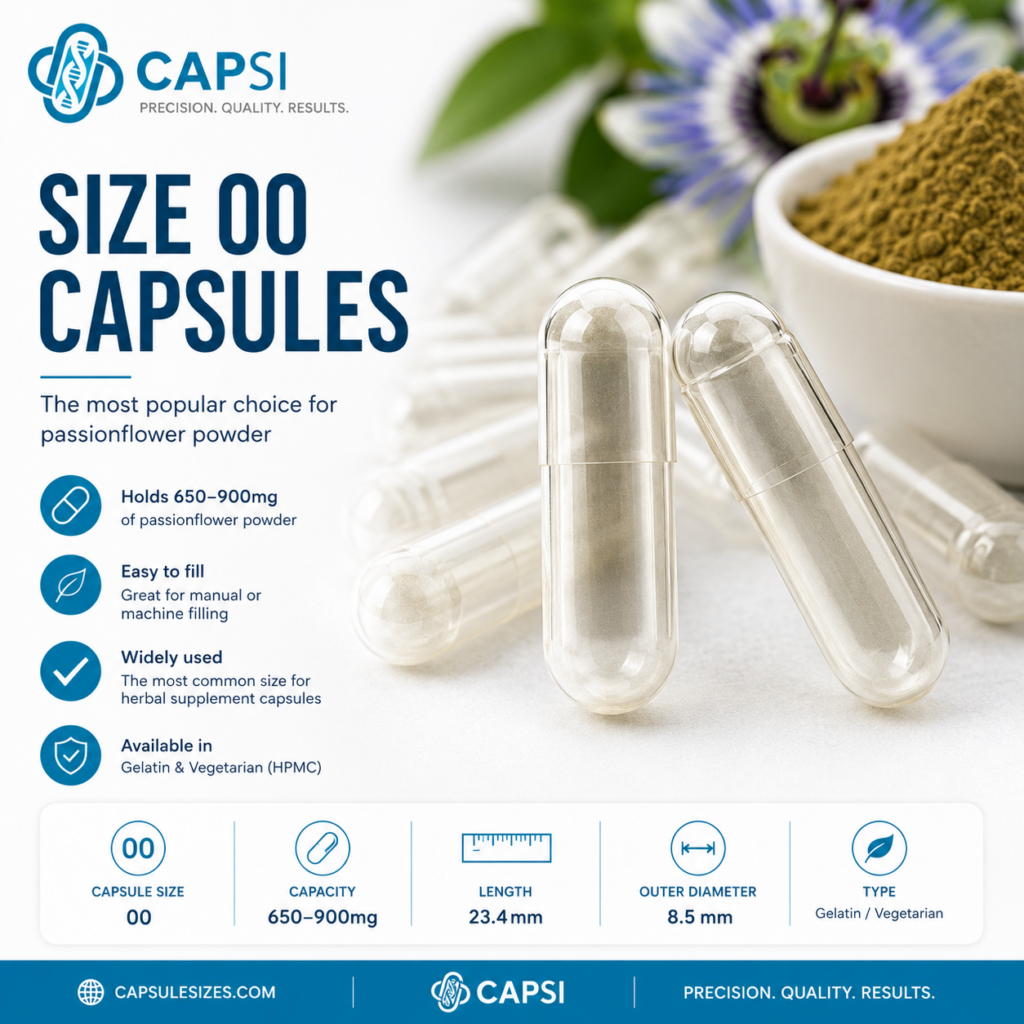Size 00 capsules for passionflower powder and herbal supplement formulations