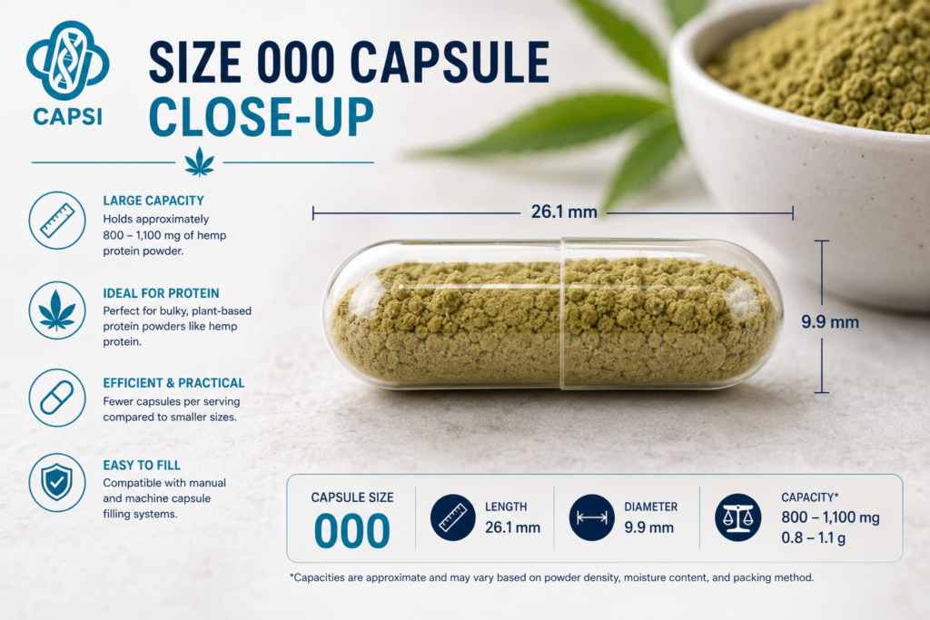 Size 000 capsule filled with hemp protein powder