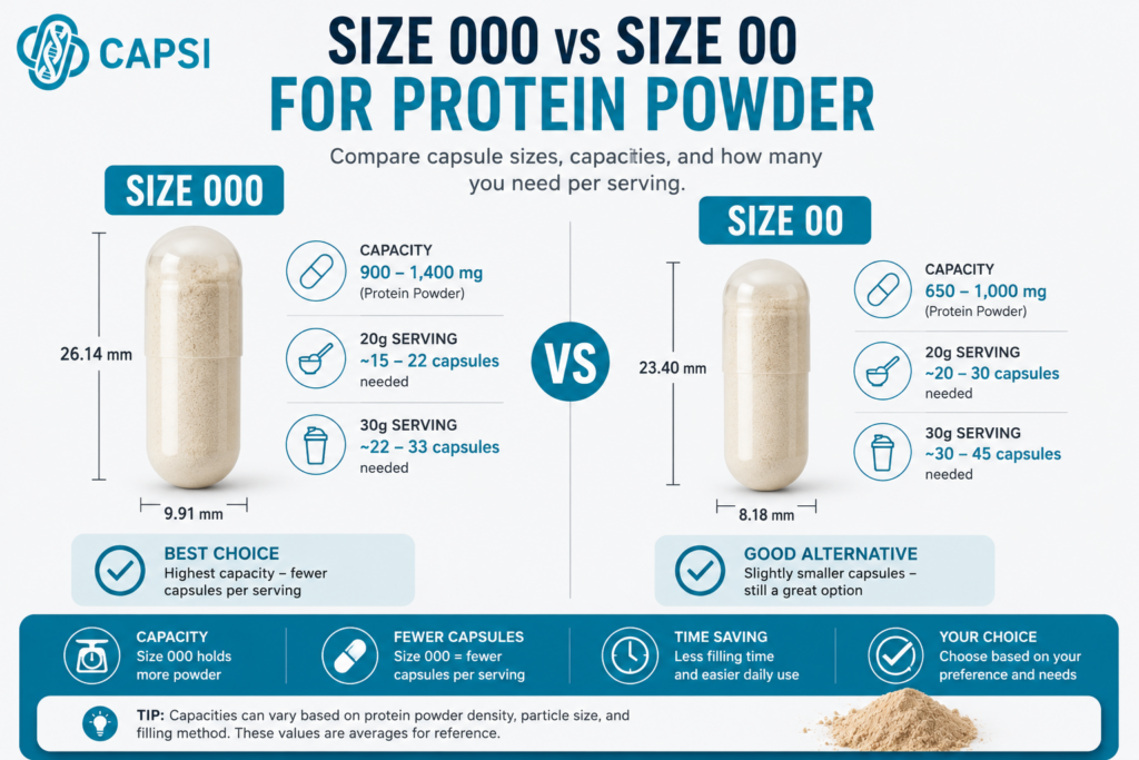 Size 000 and size 00 capsules for protein powder