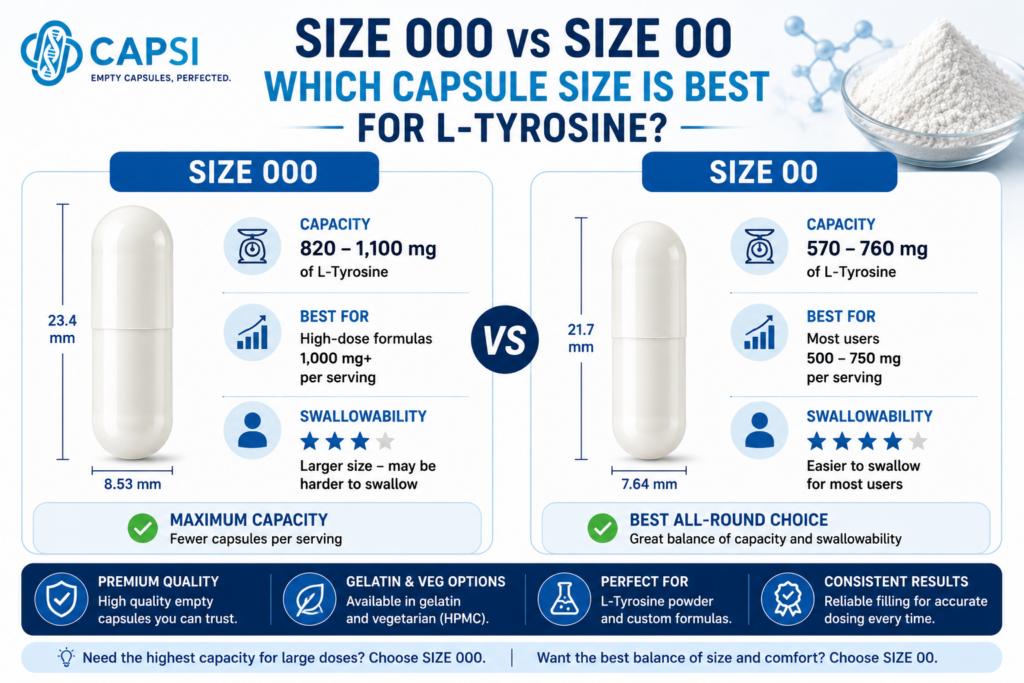 Size 000 versus size 00 capsule comparison for L-Tyrosine powder capacity