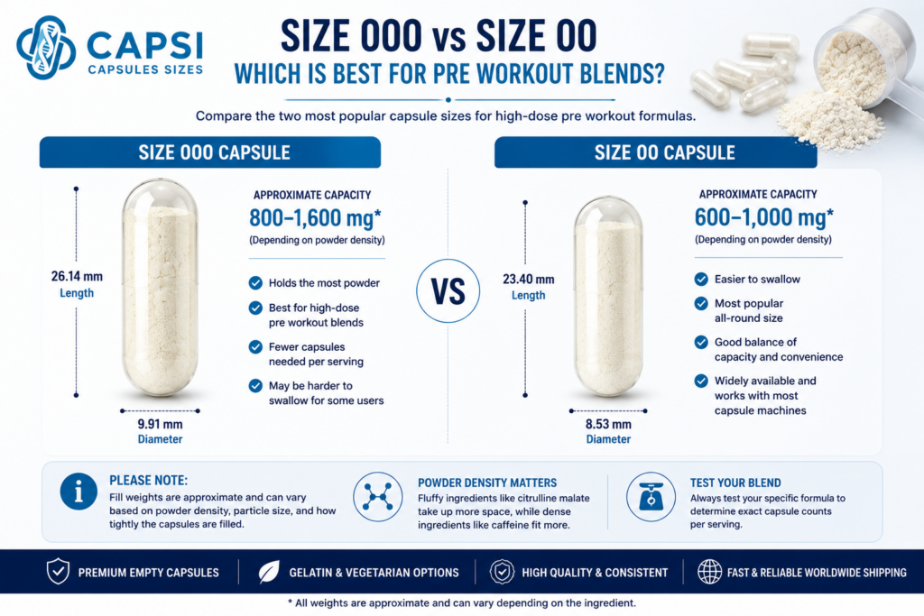 Size 000 versus size 00 capsules for pre workout powder blends