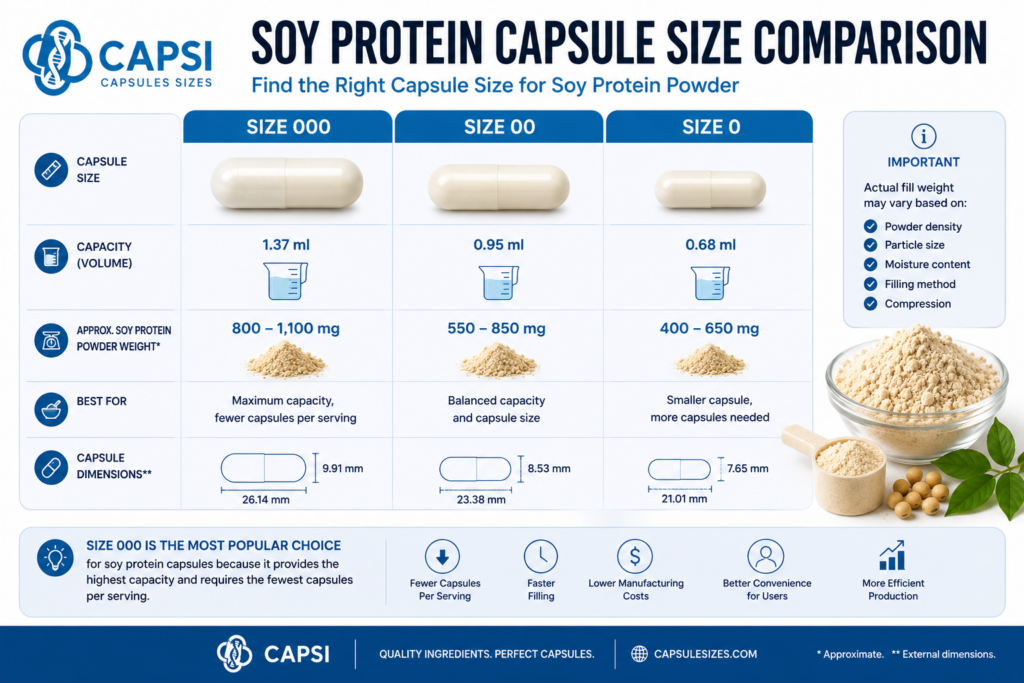 Soy protein capsule size comparison chart showing size 000 00 and 0