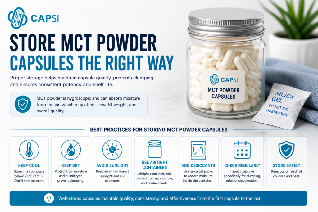Best practices for storing MCT powder capsules in airtight containers with desiccants