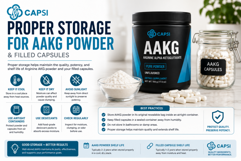 Proper storage guide for Arginine AKG powder and filled capsules