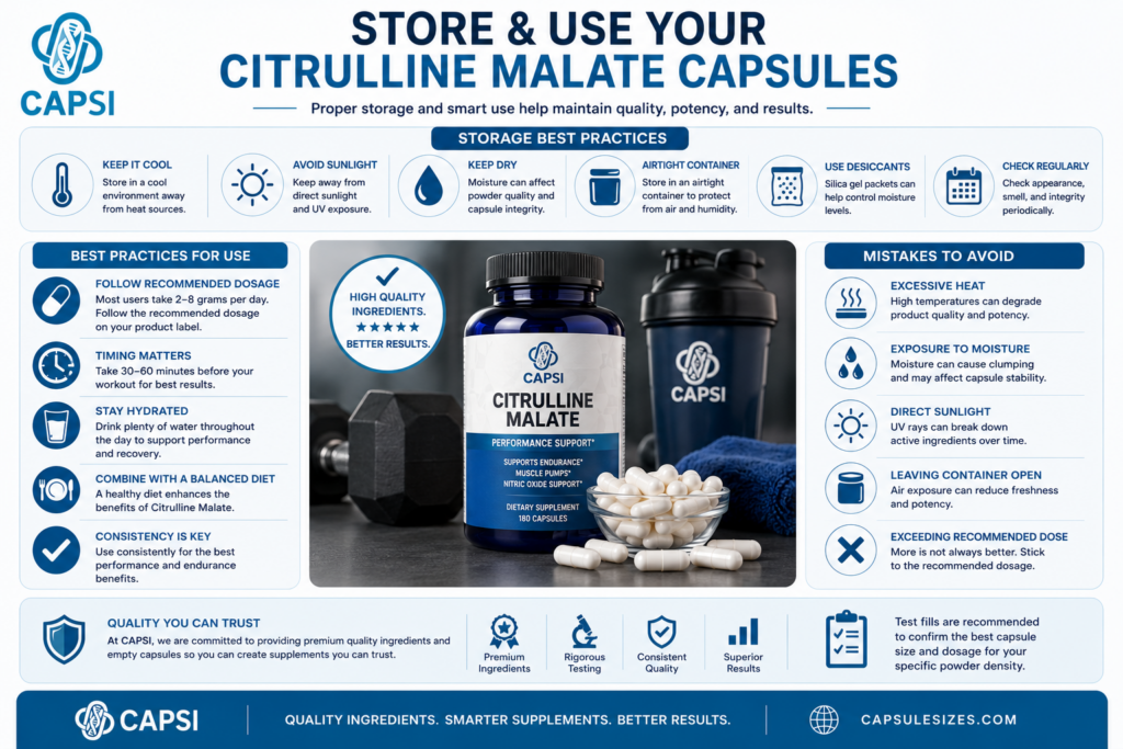 Storage guide for Citrulline Malate capsules including moisture and temperature recommendations