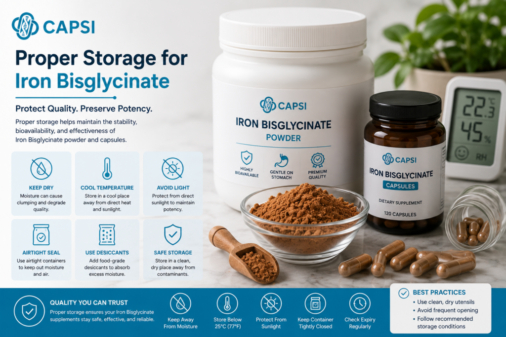 Proper storage containers for Iron Bisglycinate capsules and powder