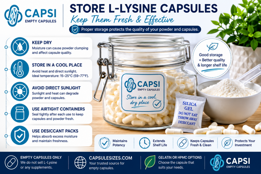 Proper storage of L-Lysine powder and empty capsules in airtight containers