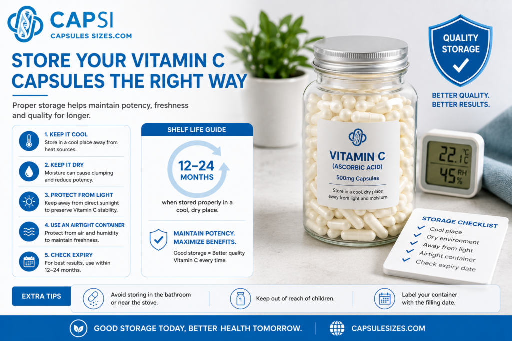 Proper storage guide for Vitamin C capsules showing cool dry storage conditions