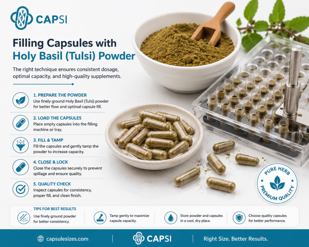 Filling capsules with Holy Basil Tulsi powder