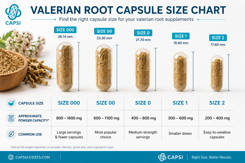 Comparison of capsule sizes for valerian root powder including size 000 00 and 0