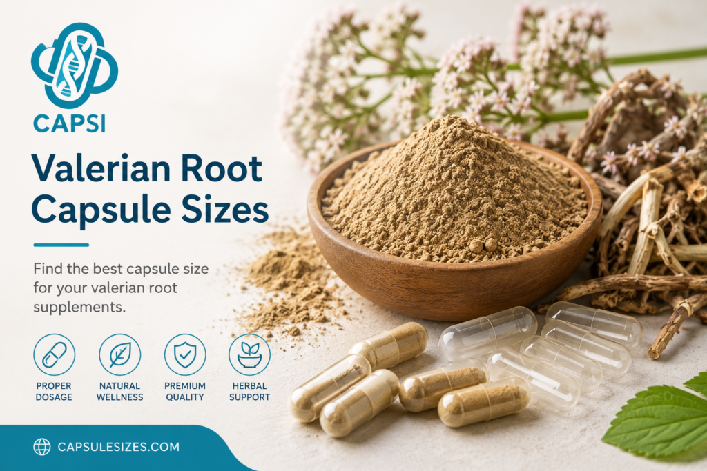 Valerian root powder with empty capsules and capsule size guide branding