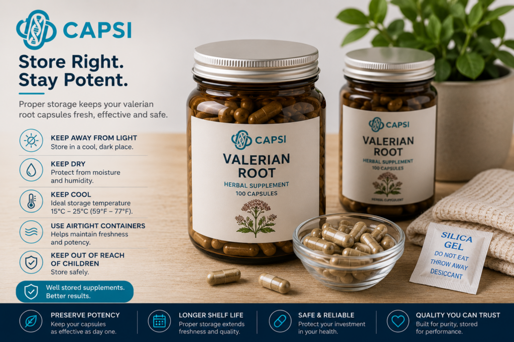 Proper storage container for valerian root capsules