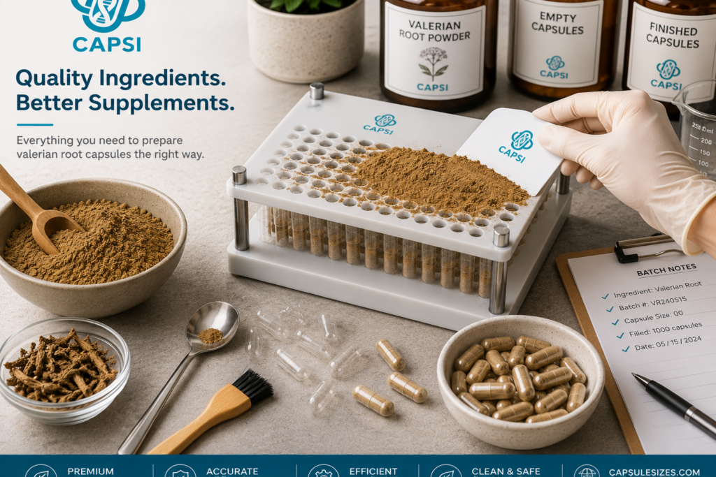 Herbal supplement capsule filling workstation with valerian root powder