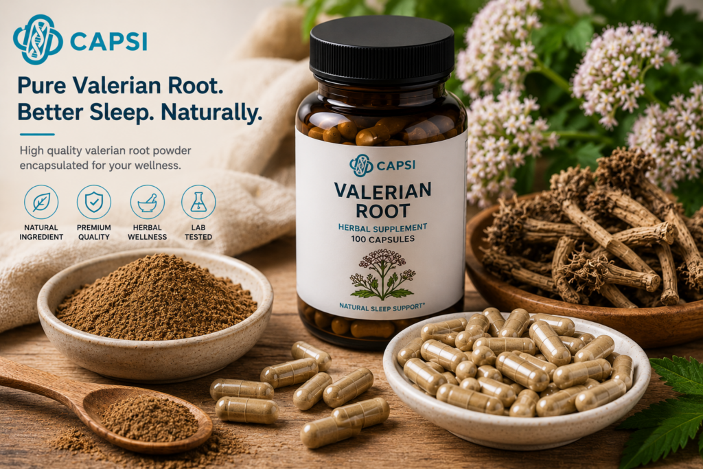 Valerian root herbal supplement capsules with natural roots and powder