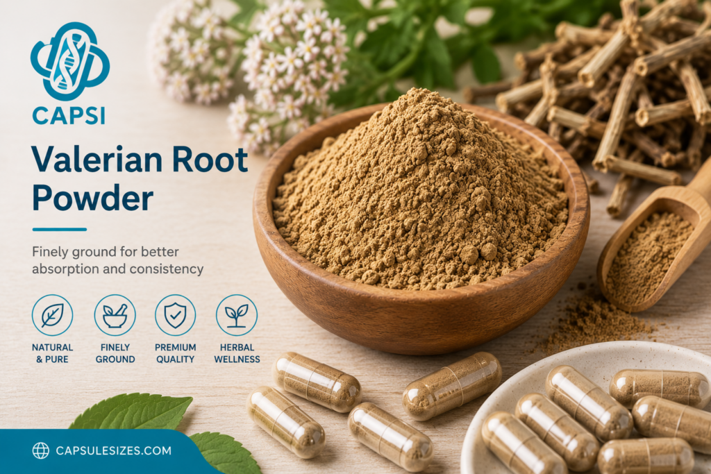 Finely ground valerian root powder prepared for encapsulation