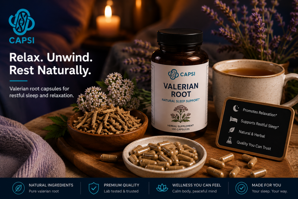 Relaxation wellness scene featuring valerian root capsules and herbal ingredients