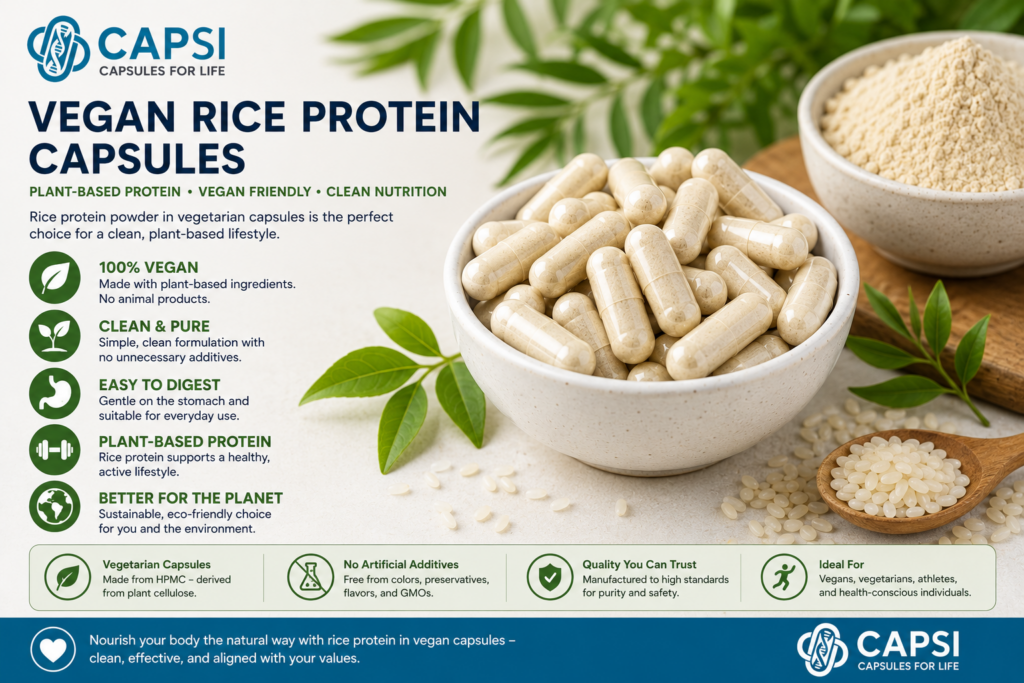 Vegan rice protein capsules made with vegetarian HPMC capsules