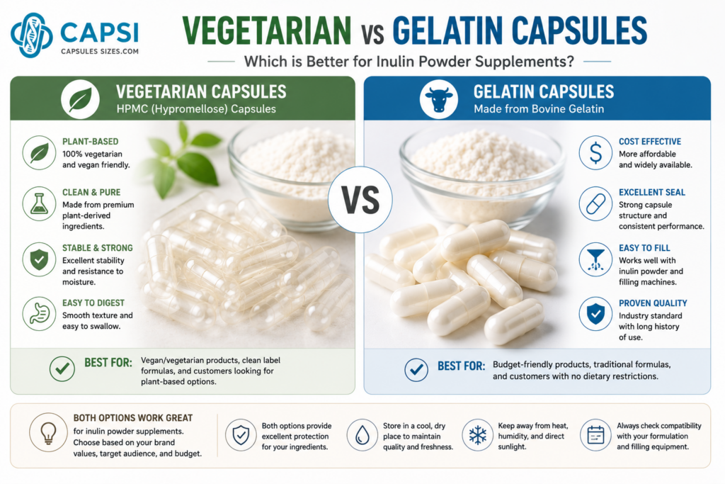 Vegetarian and gelatin capsules for inulin powder supplements