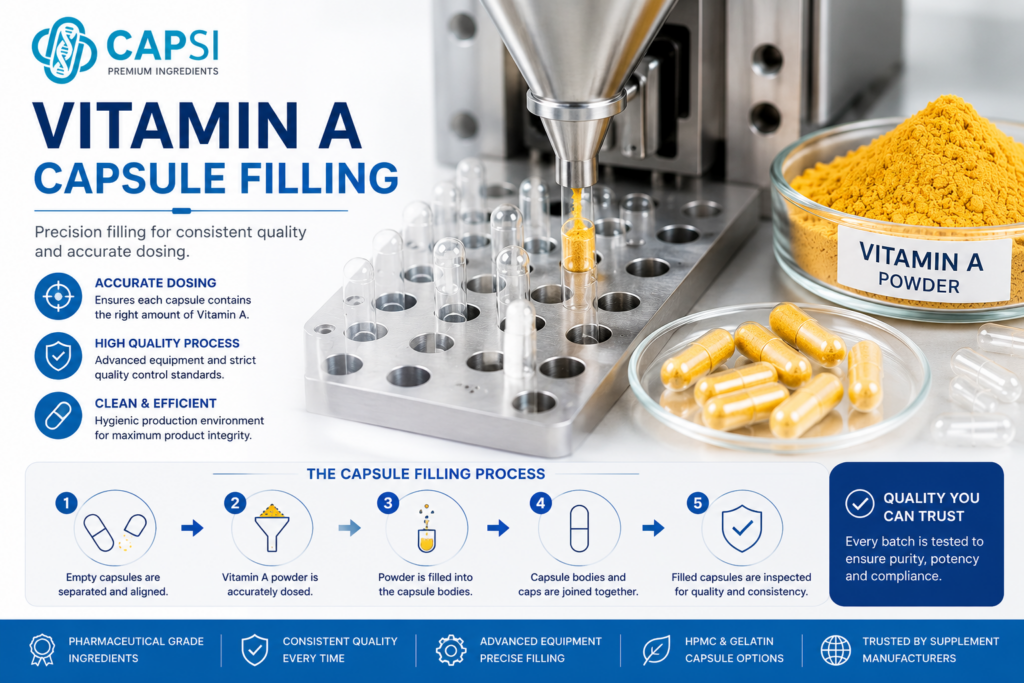Vitamin A powder being filled into empty capsules during encapsulation