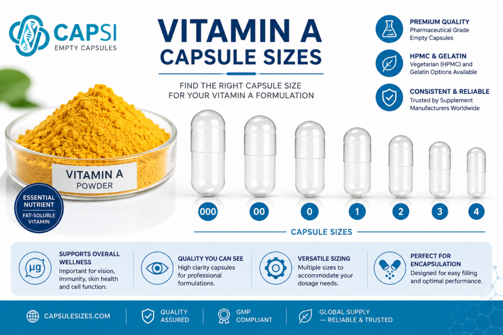 Vitamin A capsule sizes guide showing empty capsules from size 000 to size 4
