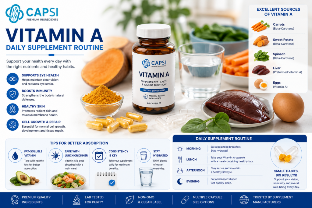Daily Vitamin A supplement routine with healthy food sources and capsules