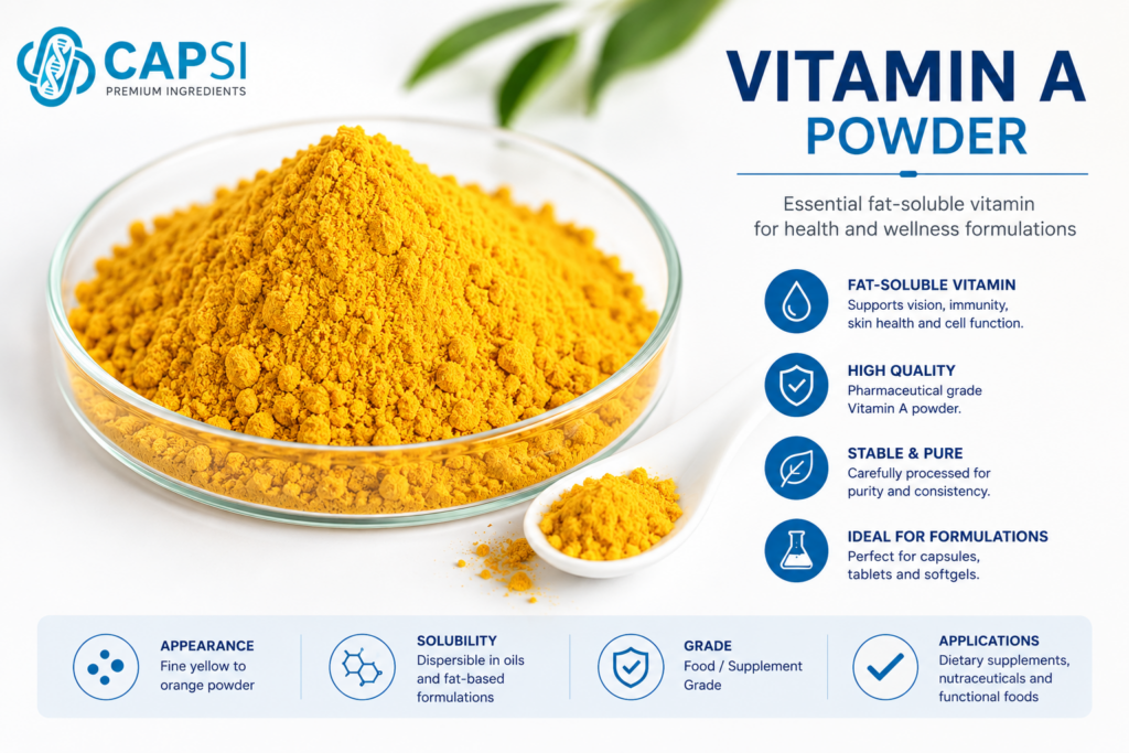 Close-up of Vitamin A powder used for supplement capsule formulations