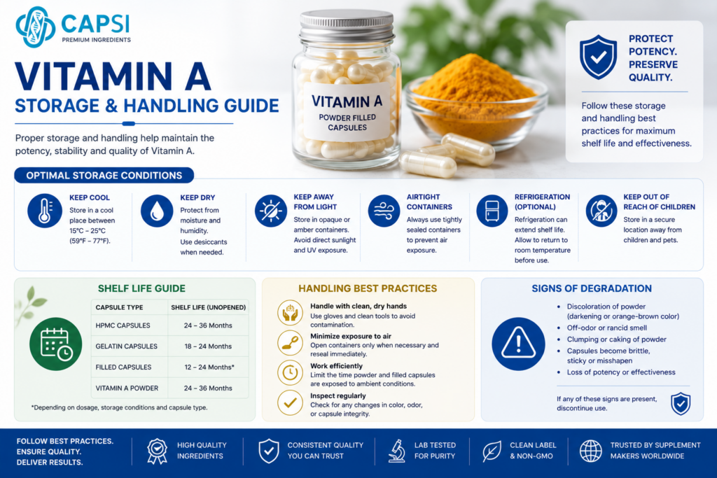 Vitamin A capsule storage and handling guide with shelf life information