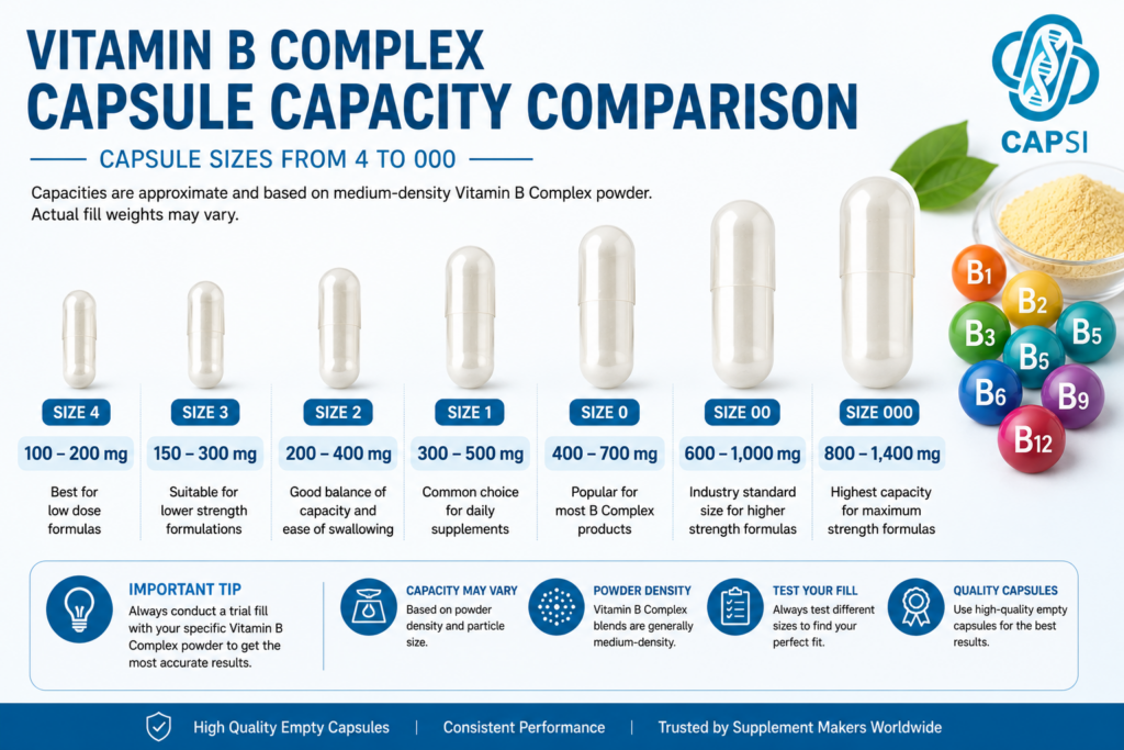 Vitamin B Complex capsule capacity comparison chart