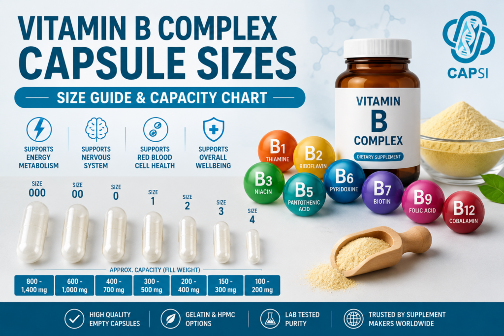 Vitamin B Complex capsule sizes guide and capsule capacity chart