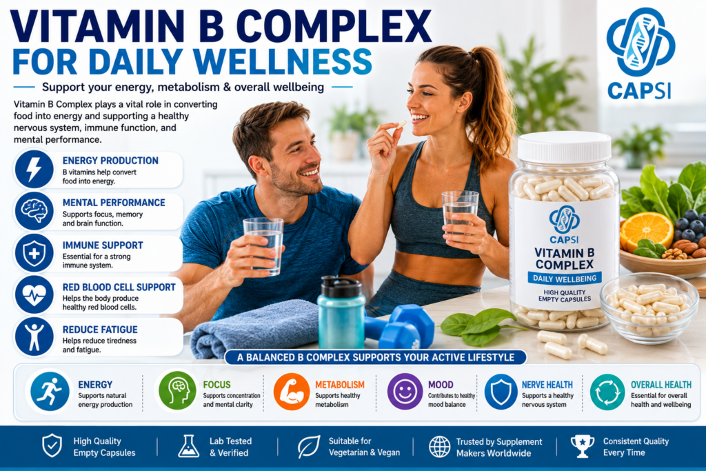Daily wellness routine featuring Vitamin B Complex supplements