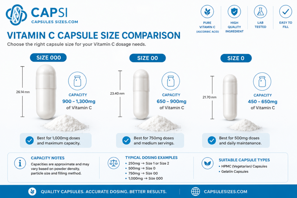 Vitamin C capsule size comparison chart showing capsule capacities for size 000, 00 and 0 capsules