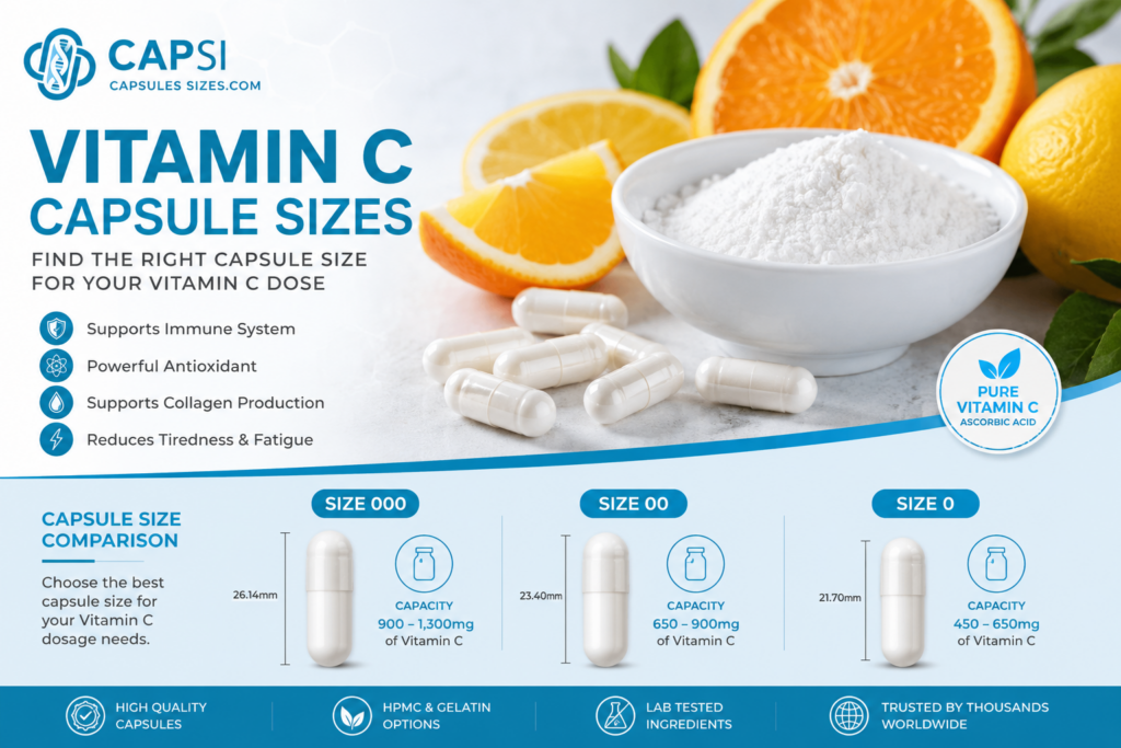 Vitamin C capsule sizes guide showing size 000, 00 and 0 capsules with Vitamin C powder