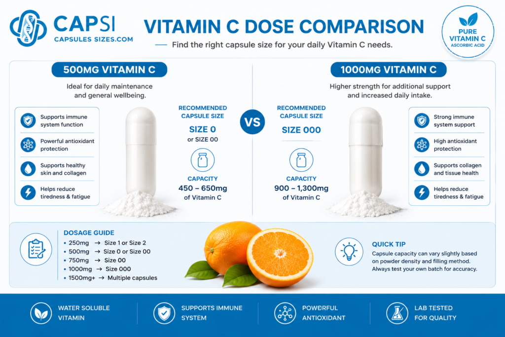 Comparison of 500mg and 1000mg Vitamin C doses with recommended capsule sizes