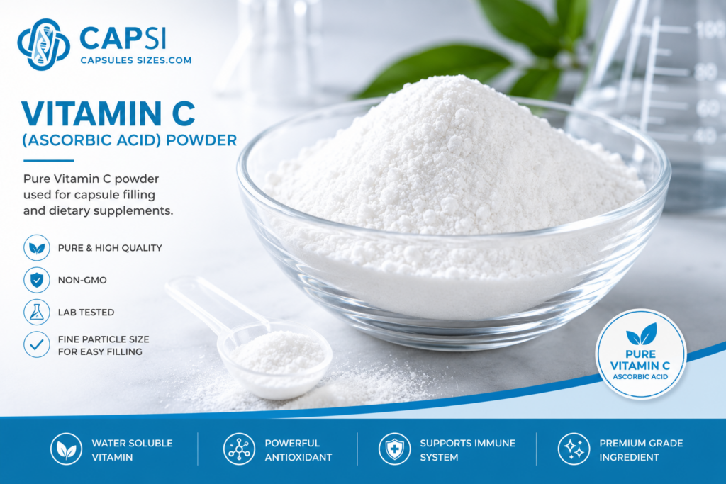 Pure Vitamin C ascorbic acid powder used for capsule filling and supplement manufacturing