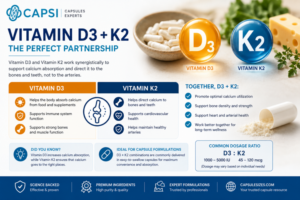 Vitamin D3 and Vitamin K2 capsule formulation infographic showing combined supplement benefits