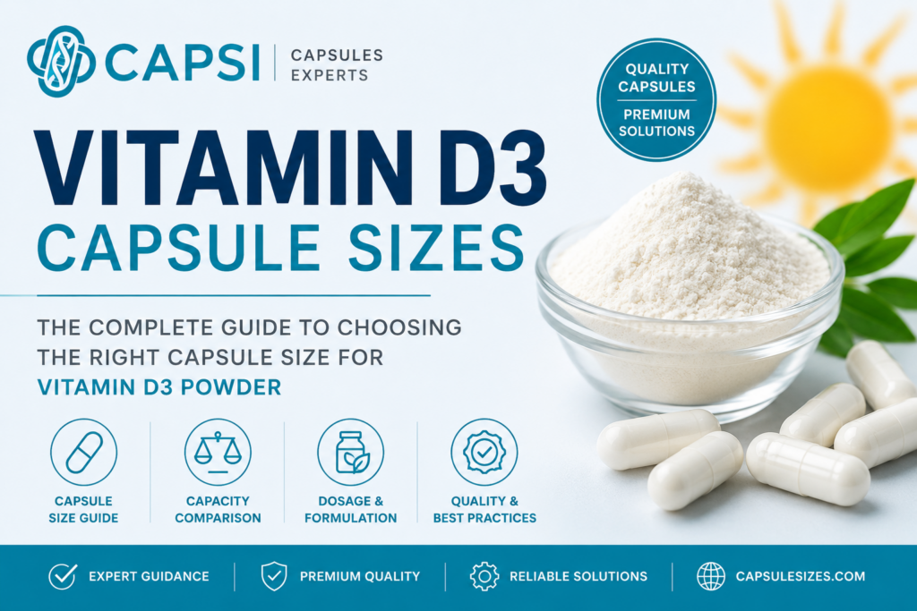 Vitamin D3 capsule sizes guide showing powder and empty capsules with CAPSI branding