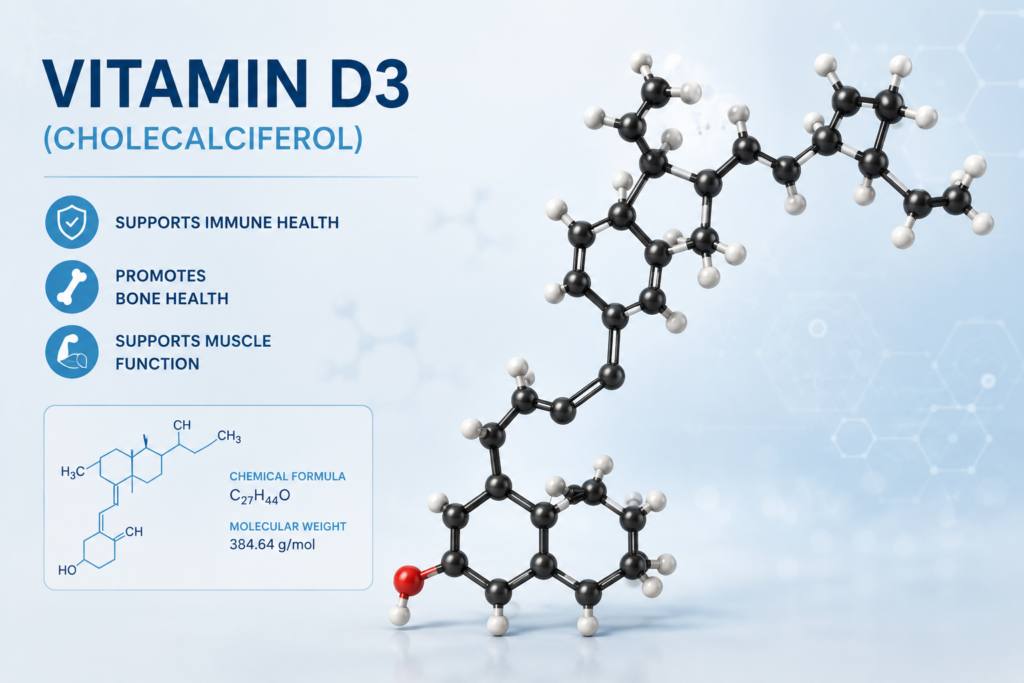 Vitamin D3 Cholecalciferol molecular structure and supplement benefits infographic